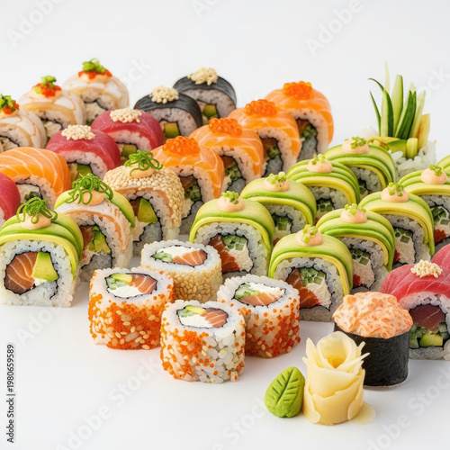 A variety of sushi rolls and nigiri arranged on a white surface