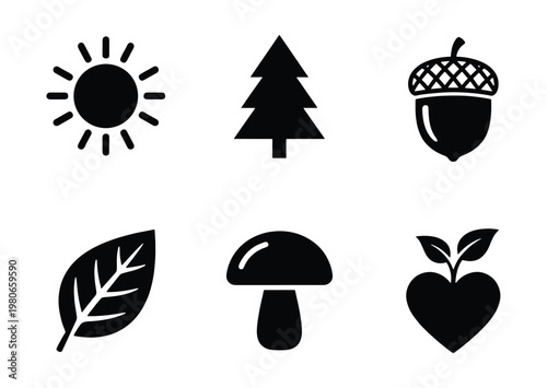 Minimalist nature icon set with 6 black vector symbols, forest and autumn elements collection, flat sun tree acorn leaf mushroom and heart sprout icons