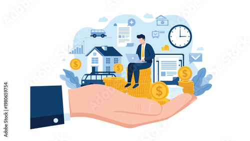 Financial planning and investment concept showing a man on a pile of gold coins supported by a large hand with house and car.