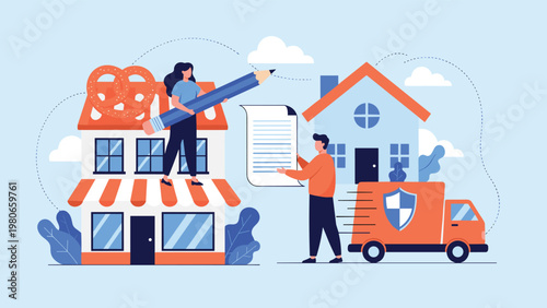 Business logistics and service concept showing people signing documents, a delivery truck with a shield, and a local bakery shop storefront.