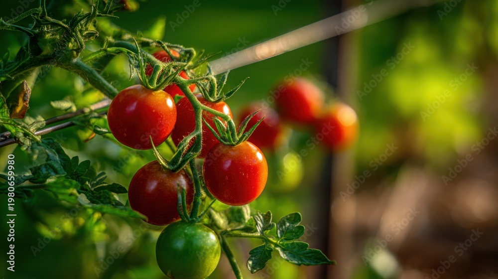 Obraz premium Ripe red and green tomatoes growing on a vine in a lush backyard garden, showcasing the bounty of nature and healthy produce.