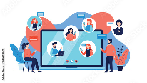 Virtual business meeting and digital teamwork concept featuring a laptop screen with multiple remote participants in video chat bubbles.