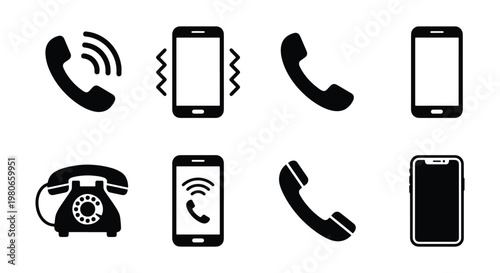 Minimalist phone icon set with 8 black vector elements, mobile smartphone and landline telephone symbols, communication contact icons for web design