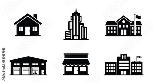 Black building icons set, 6 vector city architecture symbols, minimalist real estate and public infrastructure silhouettes for urban planning maps