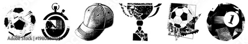 Athletic symbols including soccer ball, stopwatch, baseball cap, trophy, cleats, and number one ball, vector set, sports gear, competition elements, isolated graphic elements.