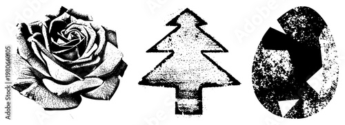 Classic halftone illustrations rose petals, Christmas tree silhouette, fragmented egg. Retro graphic style,, isolated vector for design projects.