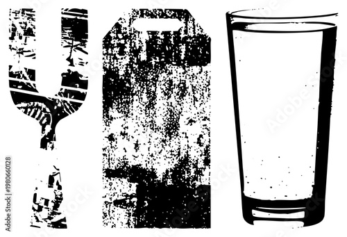 Classic wine glass with stem, tea bag packet, and tumbler glass rendered in halftone dot, black and white vector illustration, isolated drinkware set.