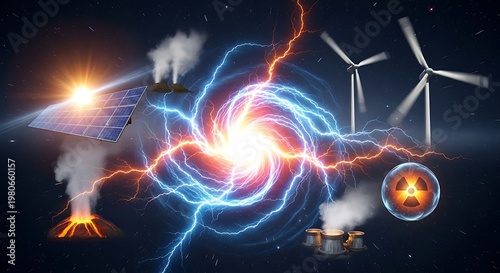 Conceptual illustration of global energy sources and power generation.