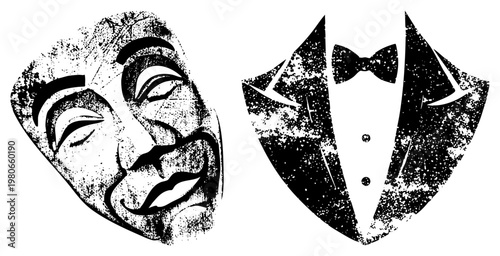 Comedic and tragic masks alongside tuxedo symbolizing drama, theater, and performance, stylized halftone vector graphic.