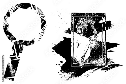 Antique magnifying glass with textured rim and hourglass with sand flow, stylized vector graphic, ink art, isolated objects with splatter effects.