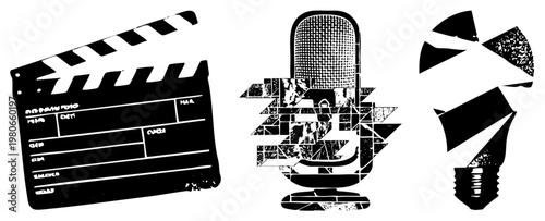 Film production clapperboard, vintage microphone with mosaic texture, broken lightbulb, black and white vector symbols for creative concepts.