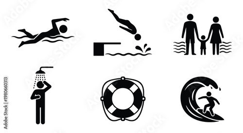 Swimming and water sports icon set, black silhouette pool and beach activity symbols, 6 vector elements for summer vacation signage