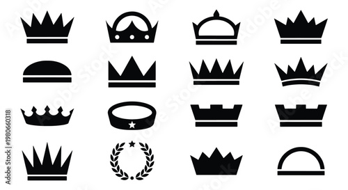 Minimalist black crown icons set, 16 royal tiara and diadem vector elements, elegant heraldic headwear symbols for luxury branding and logo design