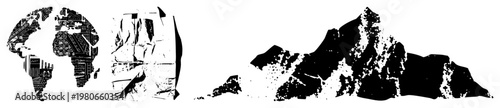 Vector art featuring a circuit board styled globe, textured crumpled paper, and rugged mountain range, all in. Digital illustration with halftone and glyph elements.