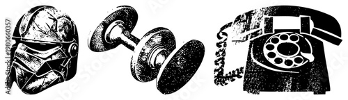 Classic rotary phone, vintage dumbbell weights, Star Wars helmet bold black and white vector, textured halftone style, isolated graphic elements for design use.