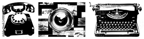 Retro rotary telephone, vintage camera lens, classic typewriter, black and white vector art, communication, analog tech symbols, nostalgic design elements.