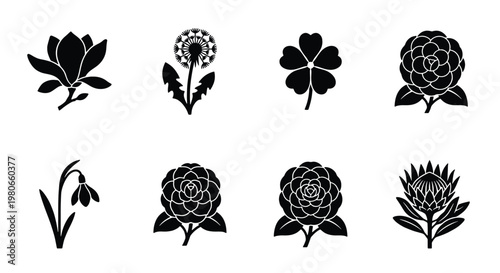 Minimalist black flower icons set, botanical floral silhouettes vector collection, 8 nature plant symbols for logo design and branding