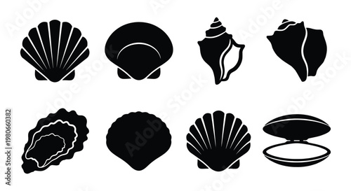 Black seashell silhouette icons set, 8 sea shell vector elements, minimalist marine life symbols, nautical oyster and scallop shapes for summer branding