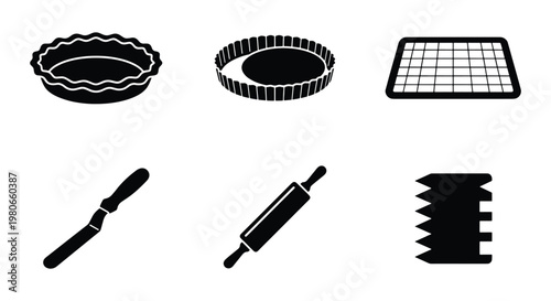 Baking tools and pastry equipment icon set, black silhouette kitchen utensils for cake making, professional bakery accessories vector collection
