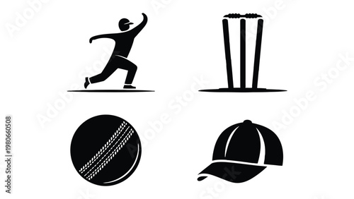 Cricket Icon Collection: A set of cricket icons in a monochrome style, perfect for sports related designs. It showcases a batsman, wickets, ball, and cap, capturing the essence of the game.
