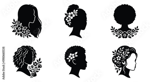 Minimalist woman silhouette collection with floral accents, set of 6 female profile head icons, elegant black and white botanical lady portraits