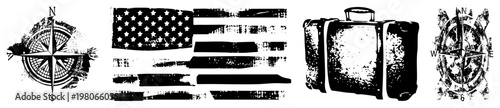 Grungy black and white travel symbols including compass rose, USA flag, vintage suitcase, and distressed navigational compass ideal for wanderlust design or retro themed projects.