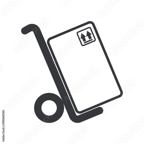 Isolated monochrome icon of wheeled trolley for handling large cardboard boxes representing logistics equipment, material handling, and warehouse transportation support