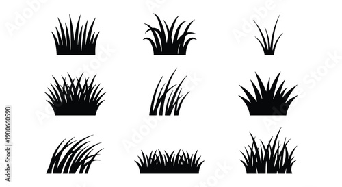 Black grass silhouette icons set, 9 vector grass tufts and meadow plant elements, minimalist lawn and field vegetation symbols for landscape design