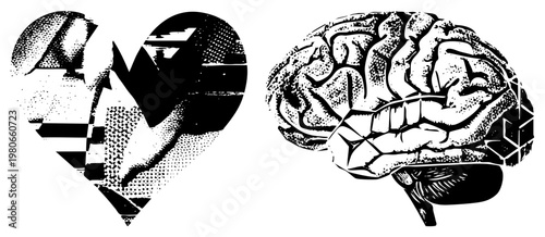 Halftone graphic of fractured heart and brain, emotional and mental disconnect, psychological symbolism, black and white vector art, isolated design elements.