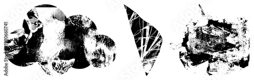 Stylized graphic forms rendered in halftone dot, abstract composition, textures, vector art elements, isolated design motifs.