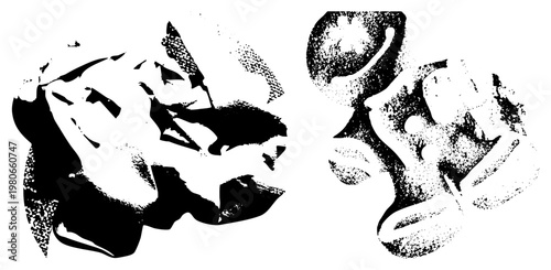 Stylized human faces rendered in halftone dot, black silhouette contrast, vector art, graphic design elements, isolated foreground.