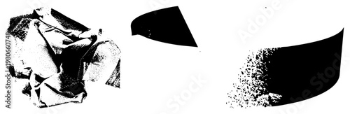 Abstract black and white composition featuring crumpled paper texture, halftone dot, and smooth curved shapes, ideal for graphic design, print, or digital art backgrounds.