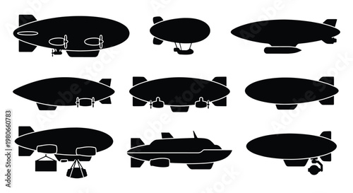Vintage airship silhouette collection, 9 dirigible and blimp vector icons, retro zeppelin transport set for logo design and infographics