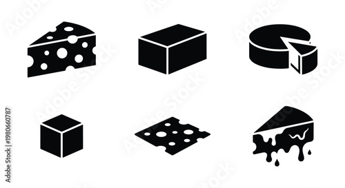 Minimalist cheese icon set, black solid dairy product symbols, collection of 6 vector cheese slices and blocks for restaurant menus and food branding