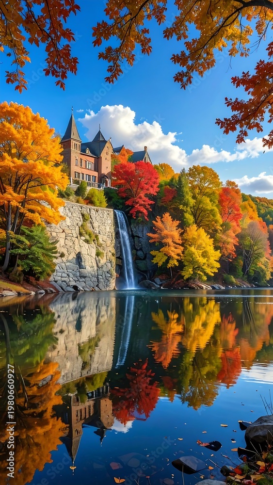 Obraz premium A serene castle by a lake surrounded by vibrant autumn foliage