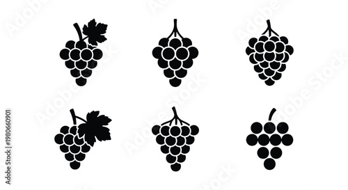 Black grape icons set, minimalist fruit bunches with leaves vector, simple vineyard silhouettes for winery branding and organic food labels