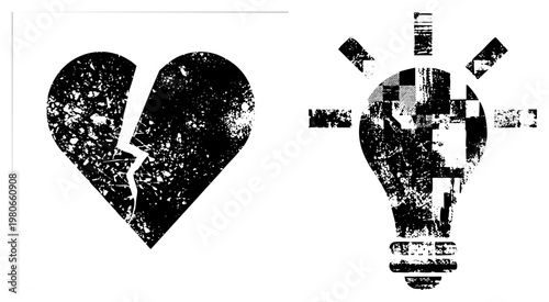 Broken heart and illuminated lightbulb, both with grunge texture, symbolizing emotional pain and sudden inspiration, vector art.