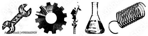 Vector of wrench, gear, crane, beaker, spring industrial and scientific tools in gritty halftone style, isolated assets for design, engineering, or STEM themes.