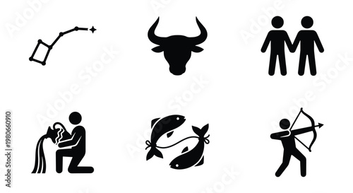 Zodiac signs icon set, black astrology symbols collection, 6 vector elements including taurus and pisces, celestial horoscope glyphs for web design