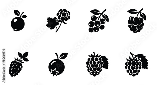 Minimalist berry icon set, black silhouette fruit symbols, collection of 8 forest berry vector elements for organic food packaging and menu design