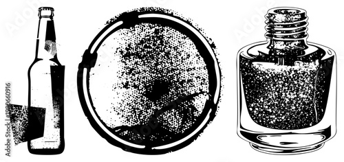 Black and white halftone illustration of beer bottle, ashtray, and glitter nail polish bottle, stylized with dot, isolated objects, graphic design elements.