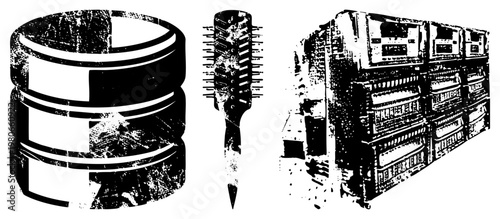 Vector depicting server rack, stacked database disks, and hairbrush with halftone texture, isolated black and white graphic elements for digital UI or print.