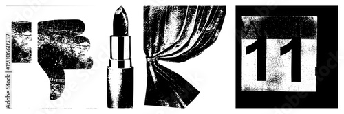 Retro halftone style logotype combining symbols thumb down gesture, lipstick tube, draped curtain, and bold “11” number. vector design for branding or use.