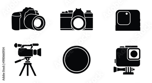 Professional camera icons set, black silhouette photography equipment, digital SLR and video camera vector symbols, 6 photography asset elements