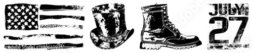 Grunge styled American flag, top hat, combat boot, and July 27 date stamp, isolated vector with distressed texture, or historical design elements.
