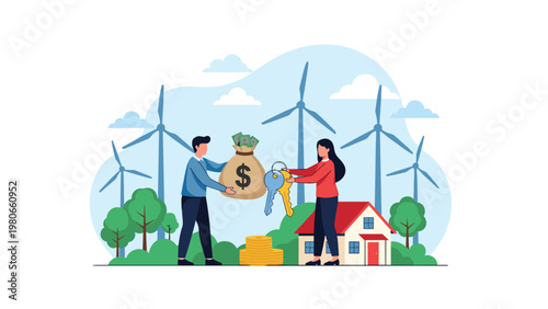 Real estate transaction and eco-friendly housing concept with people exchanging money and house keys in front of wind turbines.