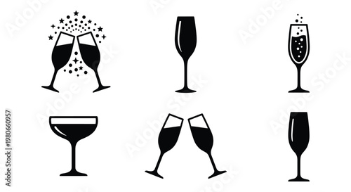 Champagne glass icons set, black silhouette sparkling wine flutes and coupe, celebratory toast with bubbles and fireworks, 6 vector elements