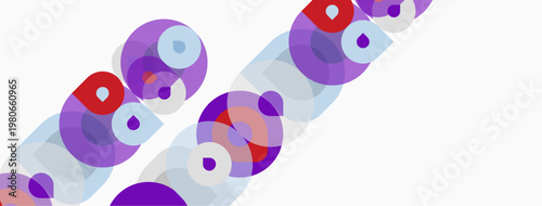 Abstract composition featuring overlapping circles, purple hues dominate, red accents present. Minimalist design, clean lines, modern aesthetic.