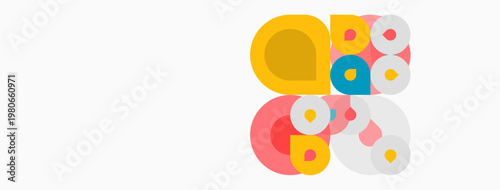 Abstract colorful circles overlap, creating playful composition. Simple shapes, bright hues dominate white background. Modern design.