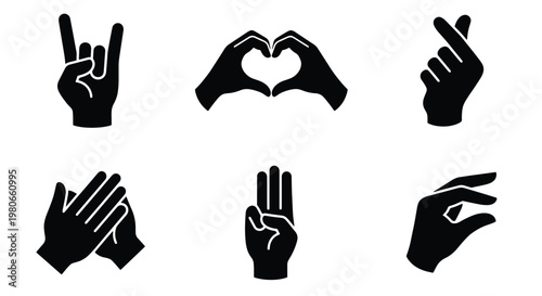 Black hand gesture icons set, human hand signs and finger symbols collection, rock on and heart shape silhouettes, 6 vector elements for UI design